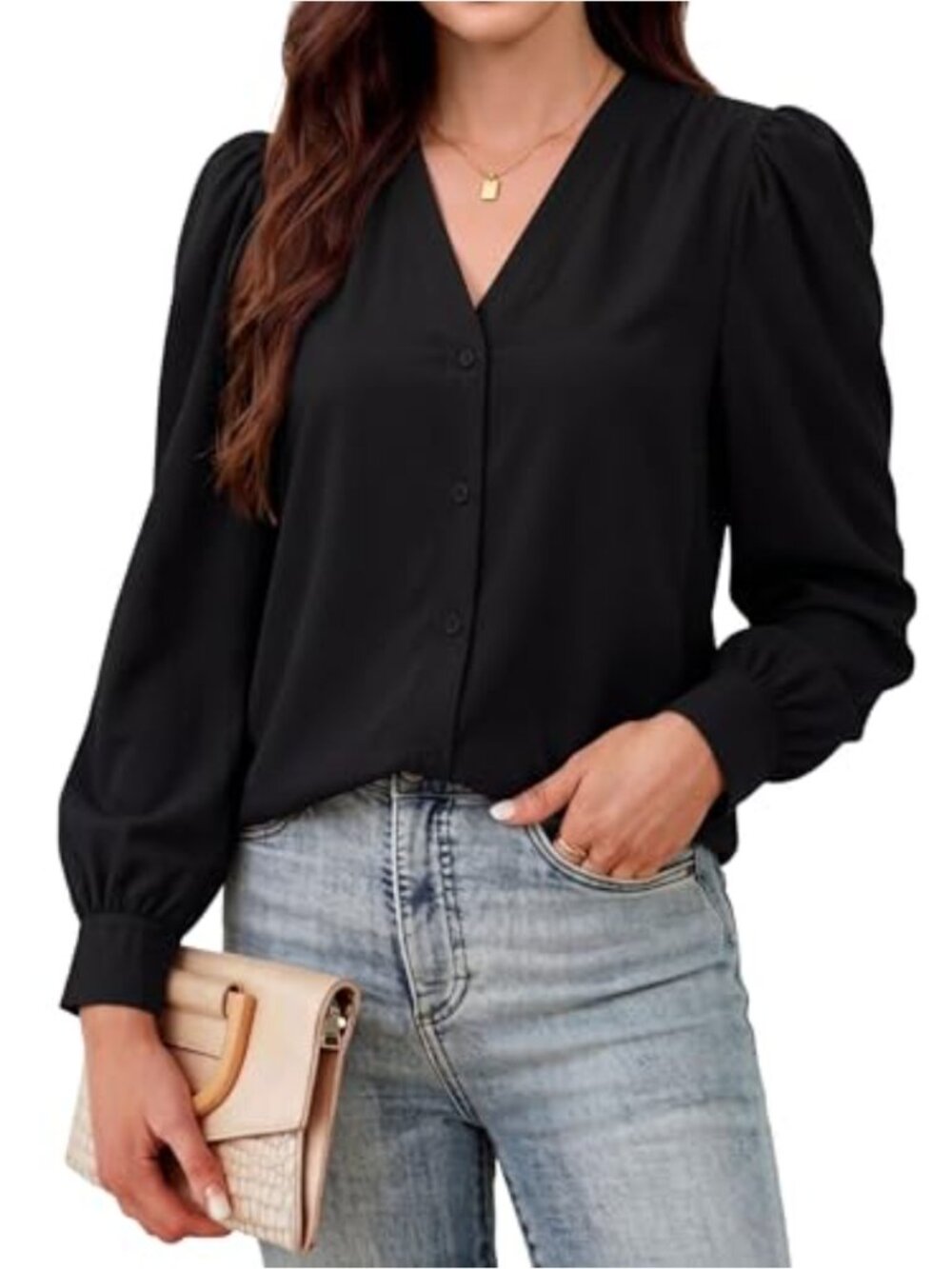 Women's Satin Silk V Neck Long Sleeve Button Down Work Blouse